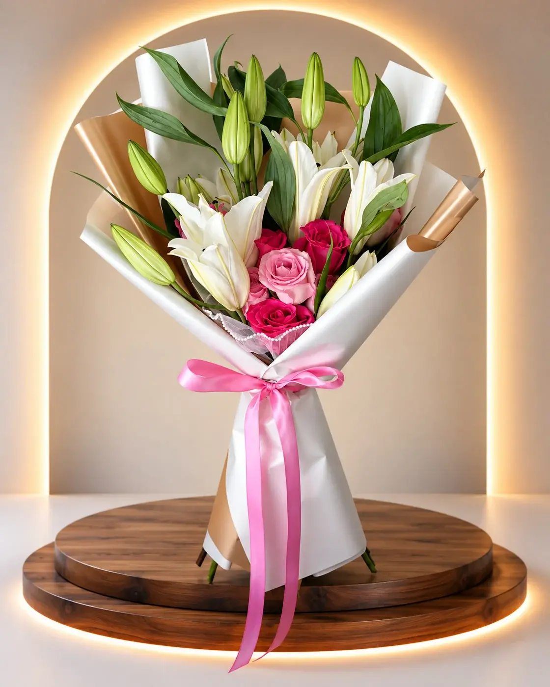 White Lilies and Pink Roses, arreglo completo · Lovely Bloom