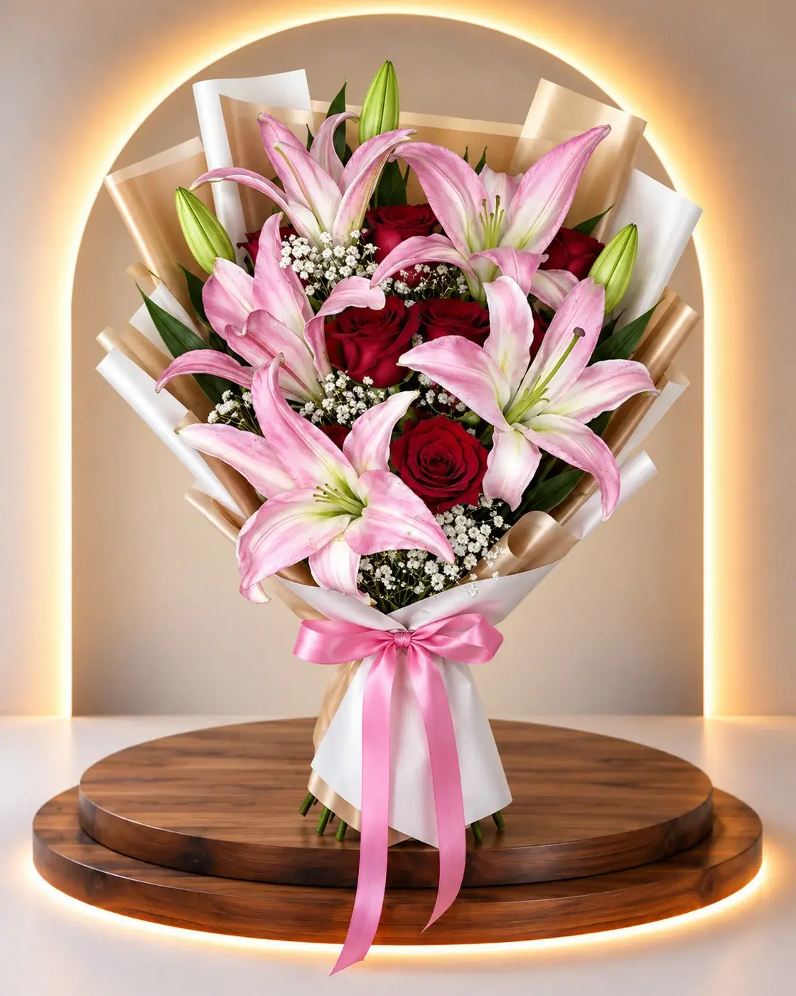 Pink Lilies and Red Roses, arreglo completo · Lovely Bloom