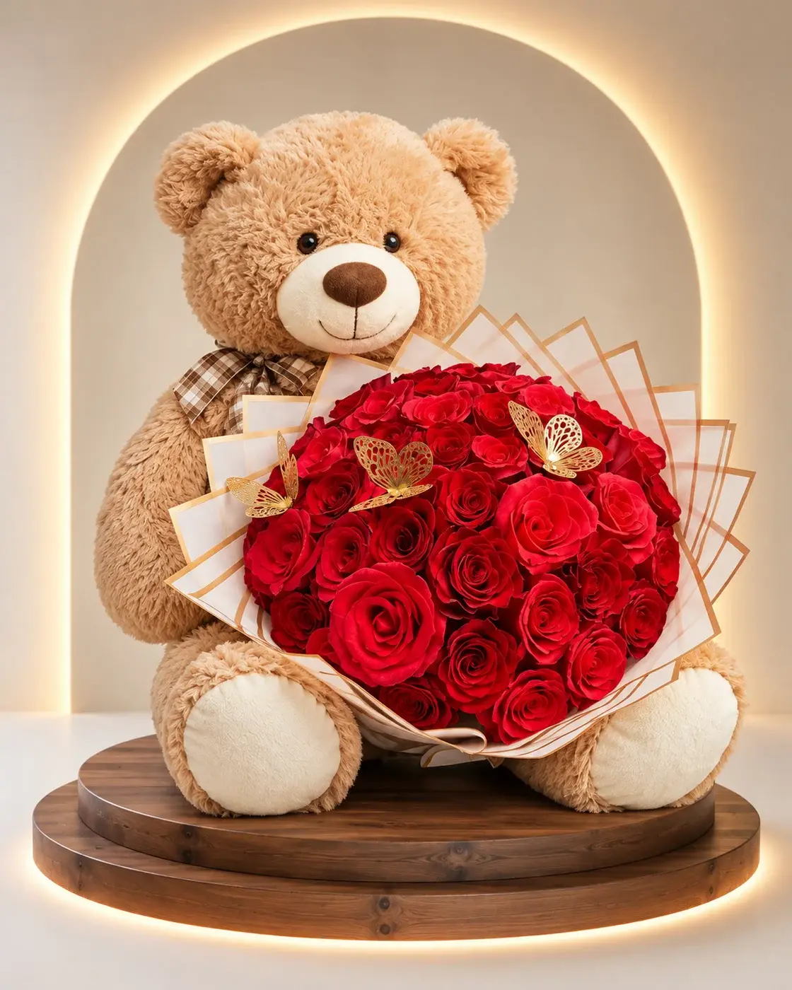 Teddy Bear Red Roses, full arrangement · Lovely Bloom