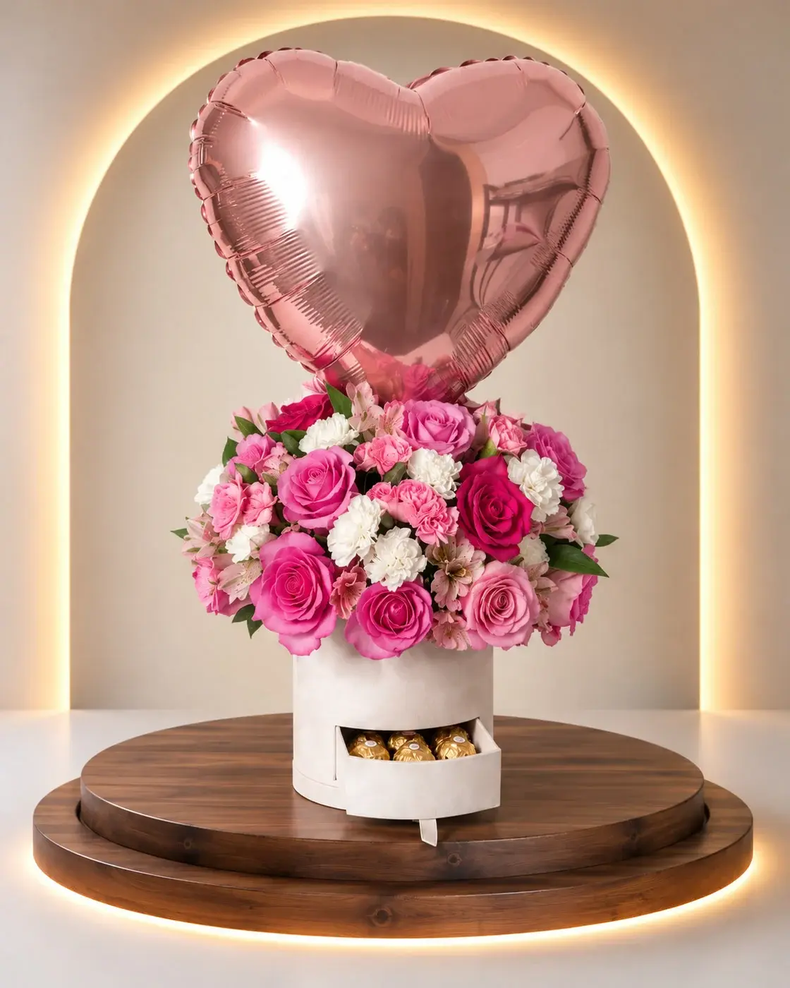 Rose Gold Balloon Box, arreglo completo · Lovely Bloom