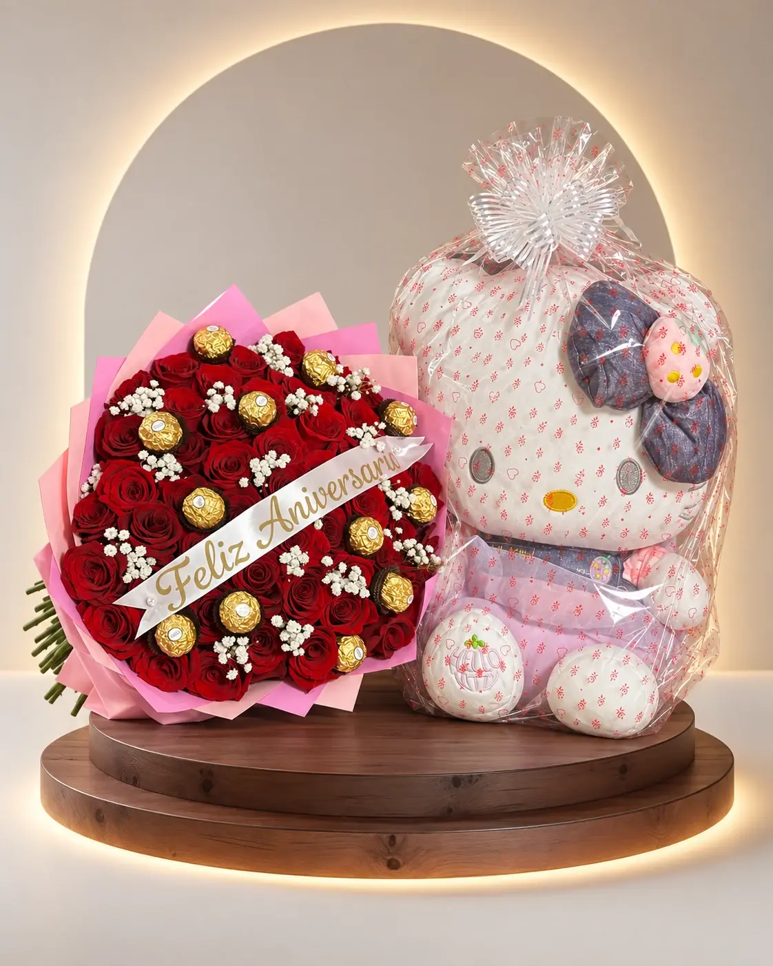 Red roses bouquet with chocolates and a plush toy