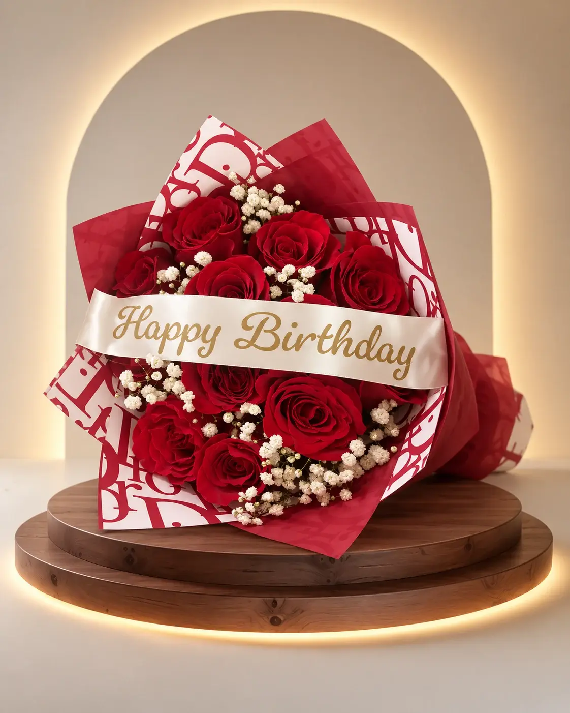 Red roses bouquet with a Happy Birthday ribbon